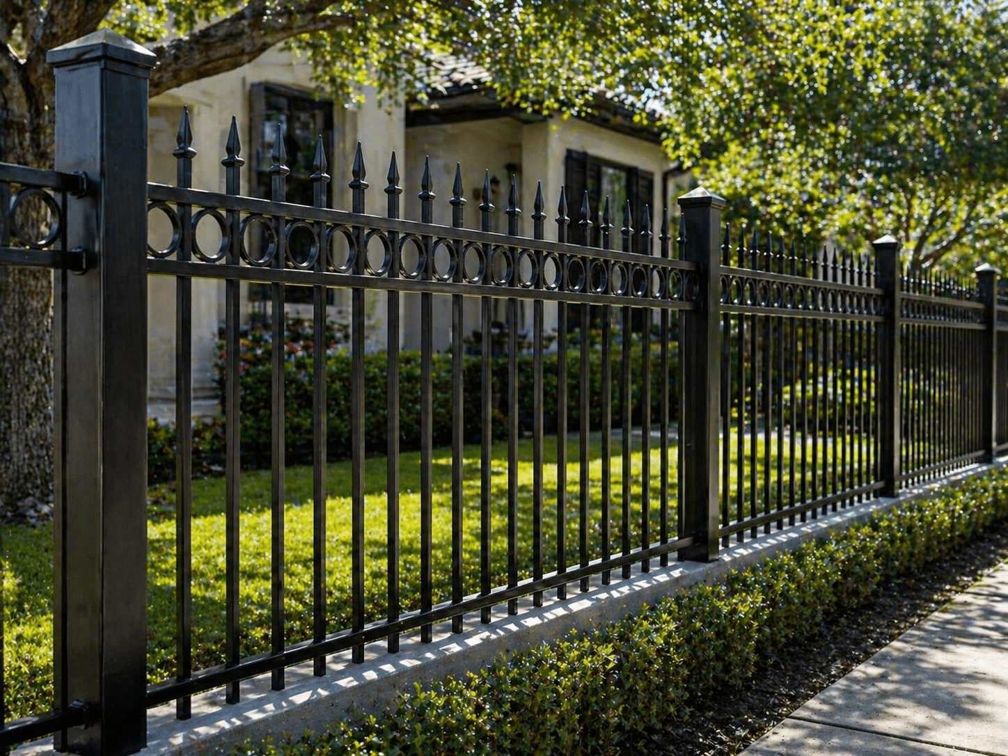 Ornamental metal fence panels and entry with columns and plantings
