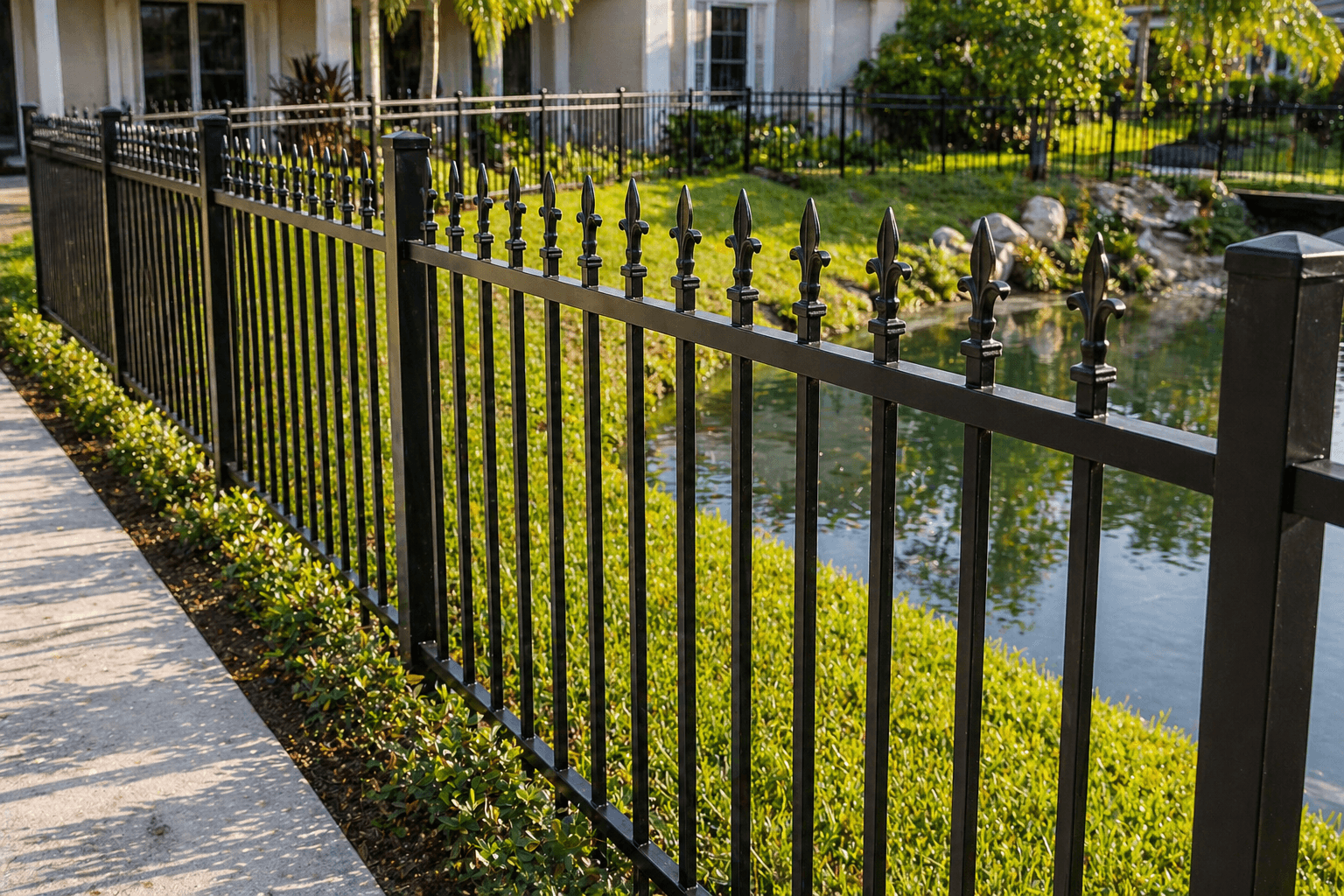 Black ornamental aluminum fence with spear-top pickets along a landscaped perimeter