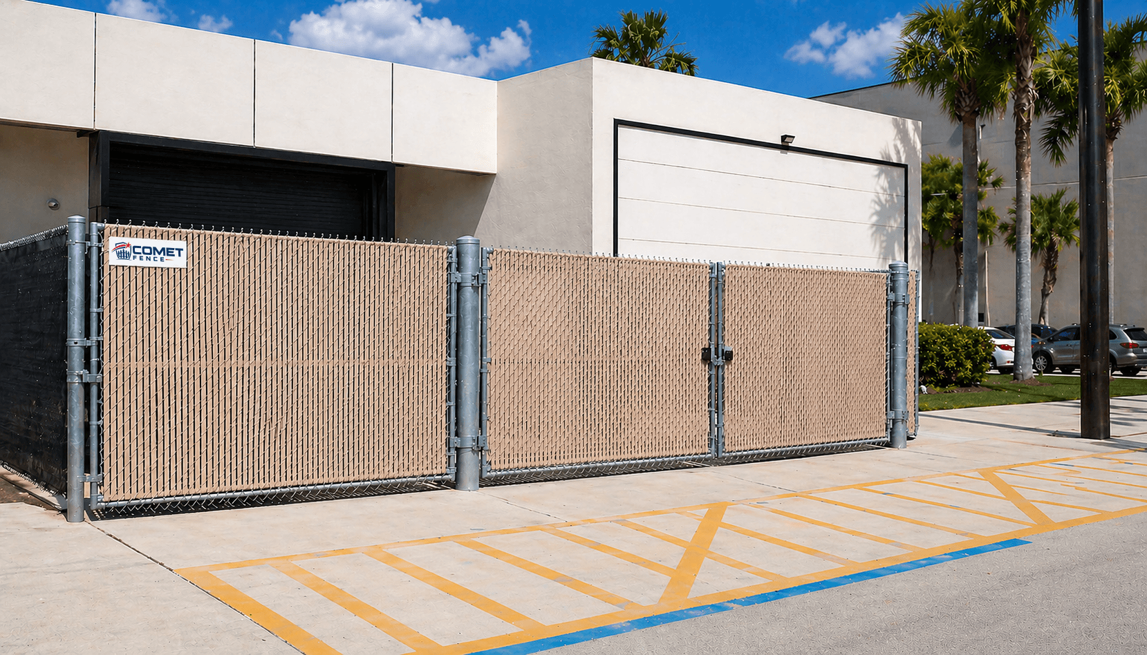 Wood-style privacy screening along a landscaped property perimeter